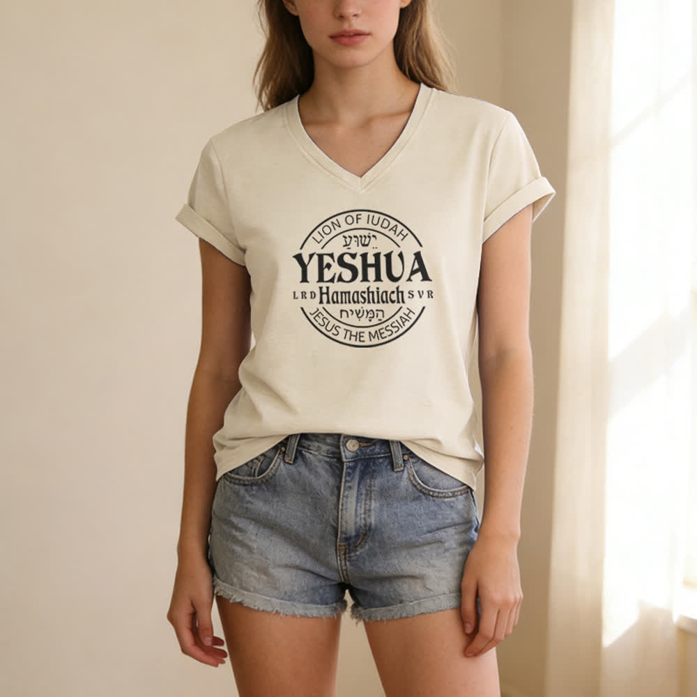 T-shirt décontracté à col en V imprimé Lion de Juda Yeshua pour femme de Christianartworkshop - image 9