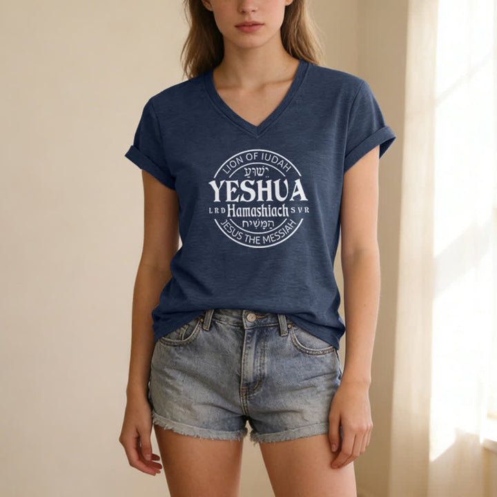 T-shirt décontracté à col en V imprimé Lion de Juda Yeshua pour femme de Christianartworkshop - image 17