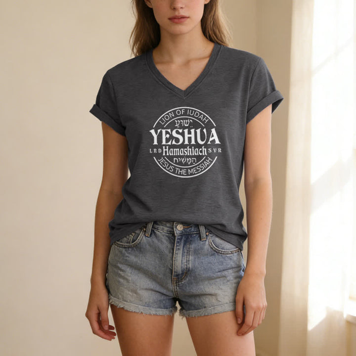 T-shirt décontracté à col en V imprimé Lion de Juda Yeshua pour femme de Christianartworkshop - image 7