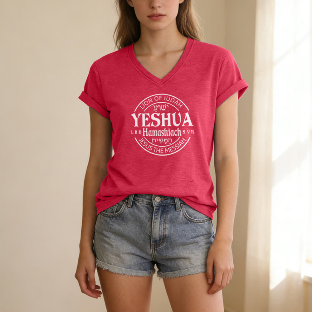 T-shirt décontracté à col en V imprimé Lion de Juda Yeshua pour femme de Christianartworkshop - image 21