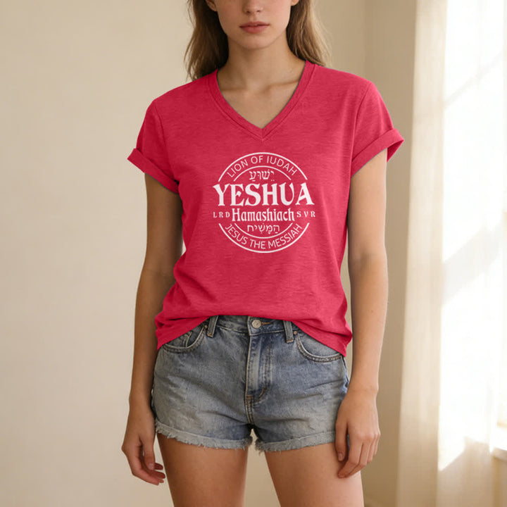 T-shirt décontracté à col en V imprimé Lion de Juda Yeshua pour femme de Christianartworkshop - image 21