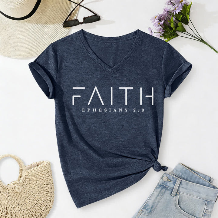 T-shirt décontracté à col en V imprimé « Foi » pour femme de Christianartworkshop - Bleu marine - 2XL - image 18