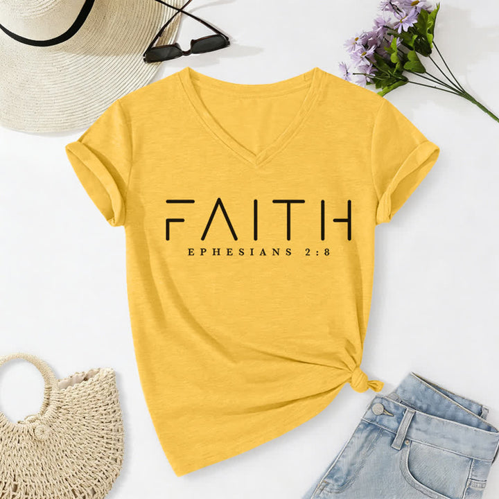 T-shirt décontracté à col en V imprimé « Foi » pour femme de Christianartworkshop - Jaune - 2XL - image 10