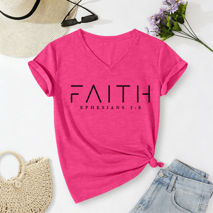T-shirt décontracté à col en V imprimé « Foi » pour femme de Christianartworkshop - Rose - 2XL - image 24