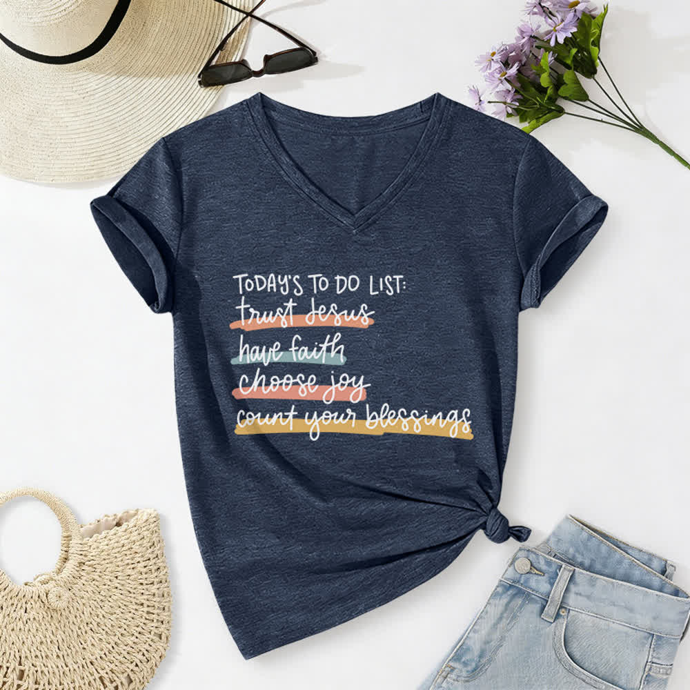 Christianartworkshop Liste de choses à faire aujourd'hui : Faire confiance à Jésus, avoir la foi, choisir la joie T-shirt décontracté à col en V - Bleu marine - 2XL - image 0