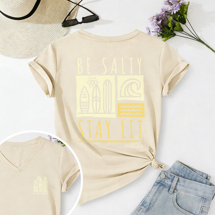 T-shirt décontracté à col en V imprimé « Be Salty Stay Lit » pour femme de Christianartworkshop - Beige - 2XL - image 20