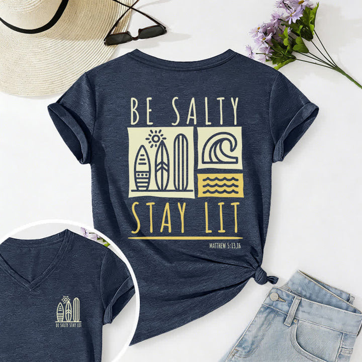 T-shirt décontracté à col en V imprimé « Be Salty Stay Lit » pour femme de Christianartworkshop - Bleu marine - 2XL - image 45