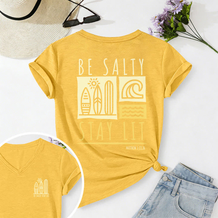 T-shirt décontracté à col en V imprimé « Be Salty Stay Lit » pour femme de Christianartworkshop - Jaune - 2XL - image 25