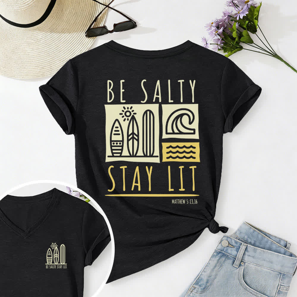 T-shirt décontracté à col en V imprimé « Be Salty Stay Lit » pour femme de Christianartworkshop - Noir - 2XL - image 5