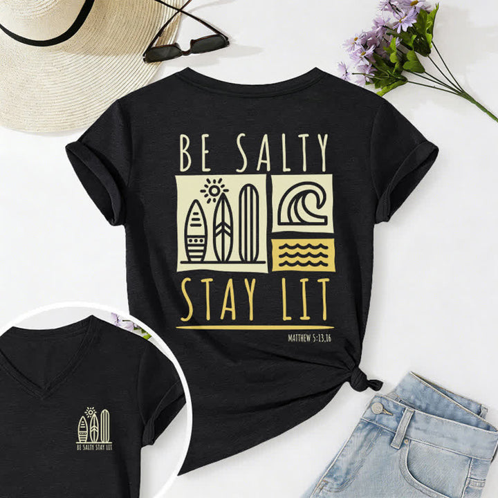 T-shirt décontracté à col en V imprimé « Be Salty Stay Lit » pour femme de Christianartworkshop - Noir - 2XL - image 5
