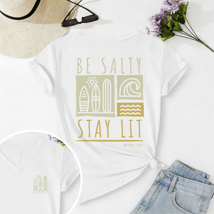 T-shirt décontracté à col en V imprimé « Be Salty Stay Lit » pour femme de Christianartworkshop - Blanc - 2XL - image 10