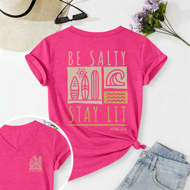 T-shirt décontracté à col en V imprimé « Be Salty Stay Lit » pour femme de Christianartworkshop - Rose - 2XL - image 55