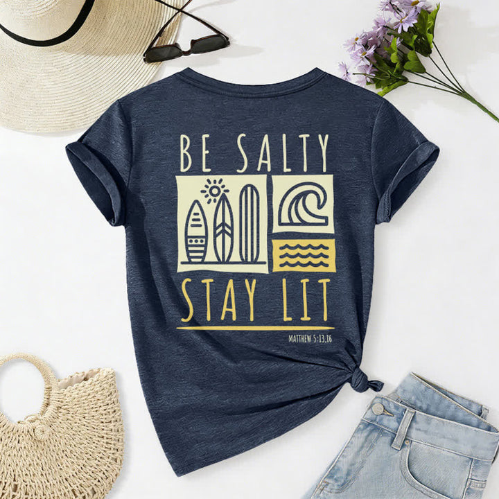 T-shirt décontracté à col en V imprimé « Be Salty Stay Lit » pour femme de Christianartworkshop - image 46