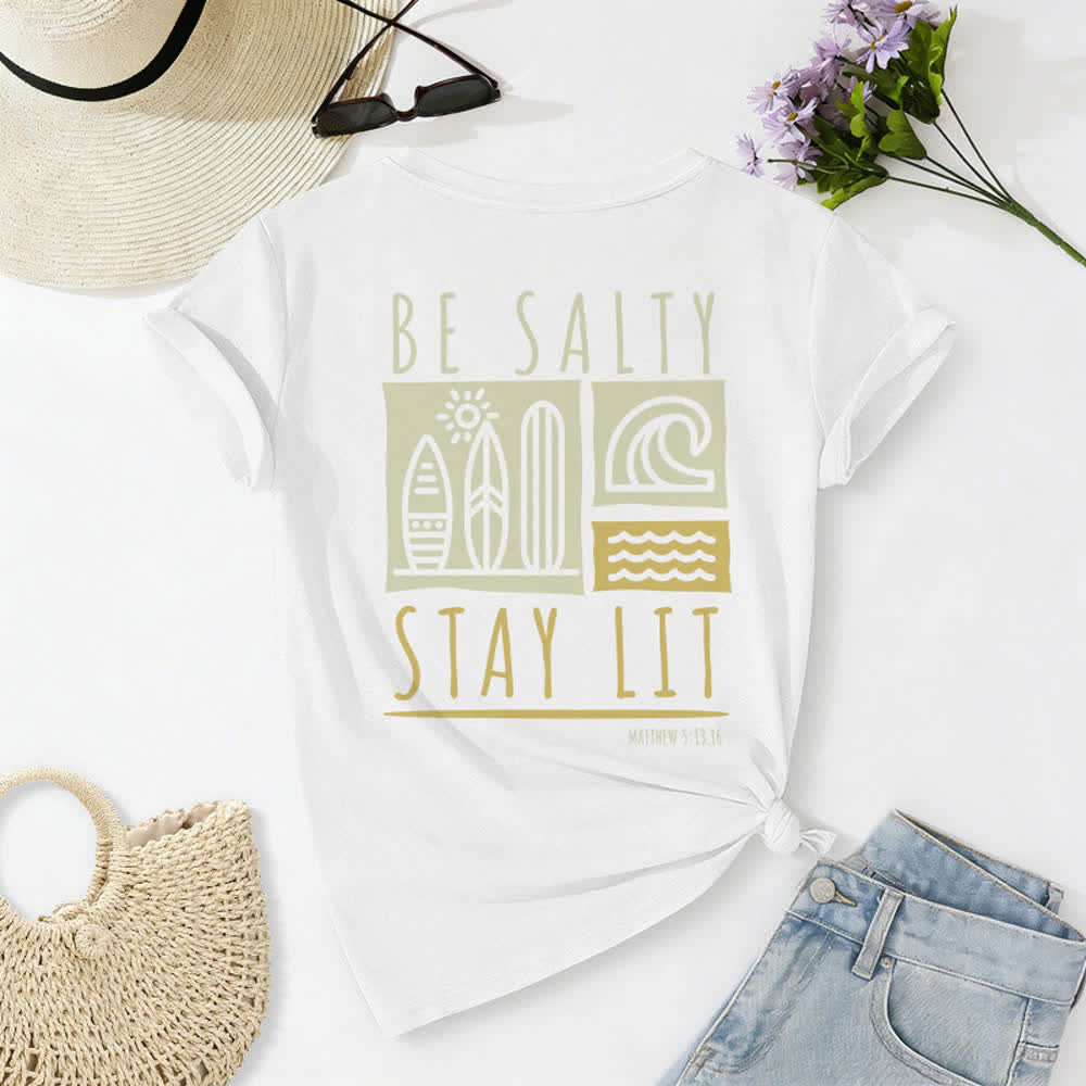 T-shirt décontracté à col en V imprimé « Be Salty Stay Lit » pour femme de Christianartworkshop - image 11