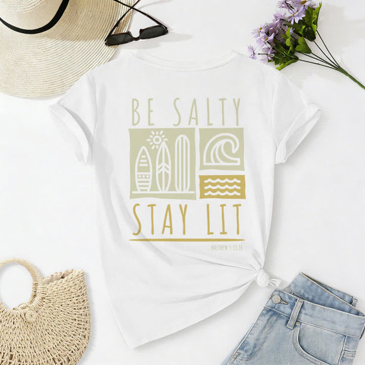 T-shirt décontracté à col en V imprimé « Be Salty Stay Lit » pour femme de Christianartworkshop - image 11
