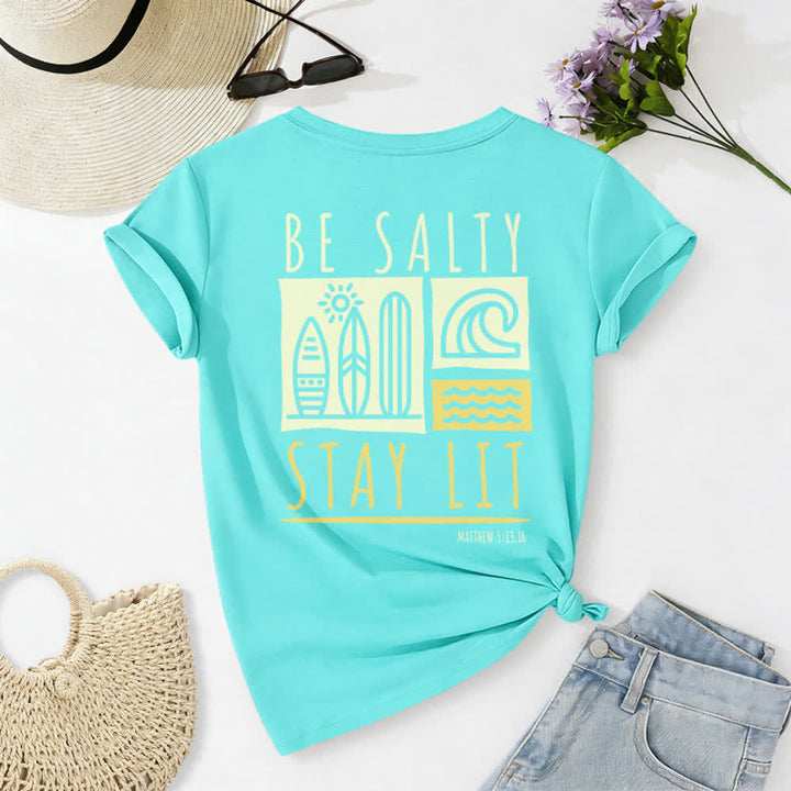 T-shirt décontracté à col en V imprimé « Be Salty Stay Lit » pour femme de Christianartworkshop - image 41