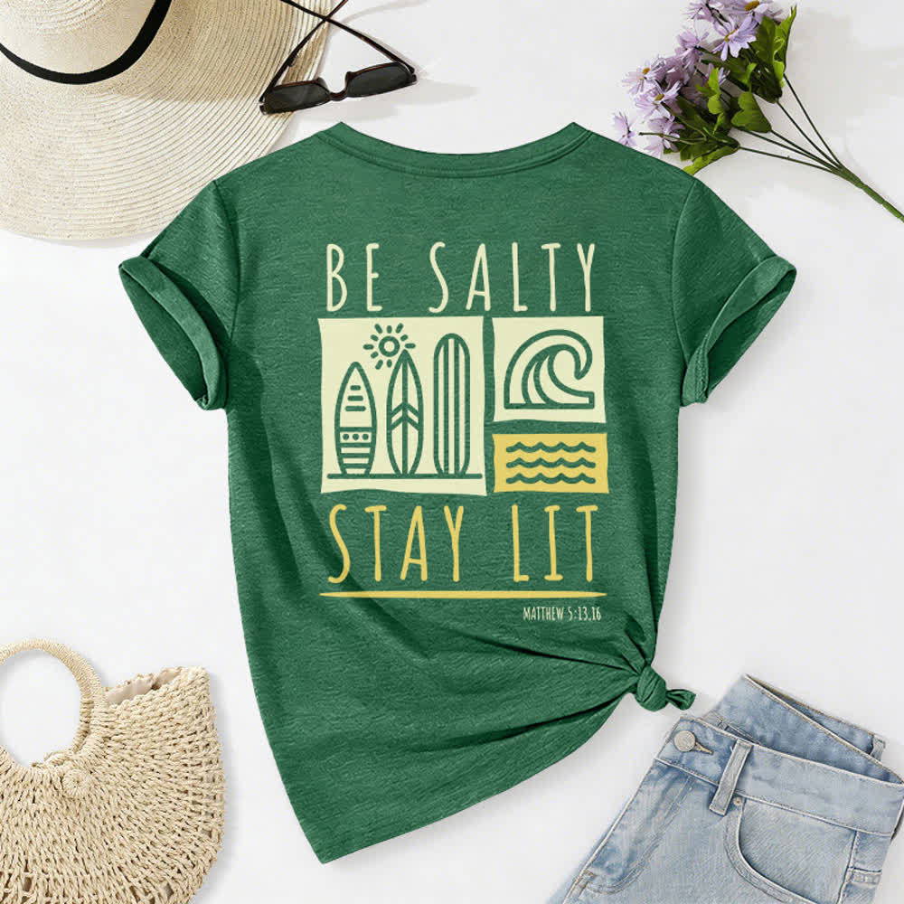T-shirt décontracté à col en V imprimé « Be Salty Stay Lit » pour femme de Christianartworkshop - image 36