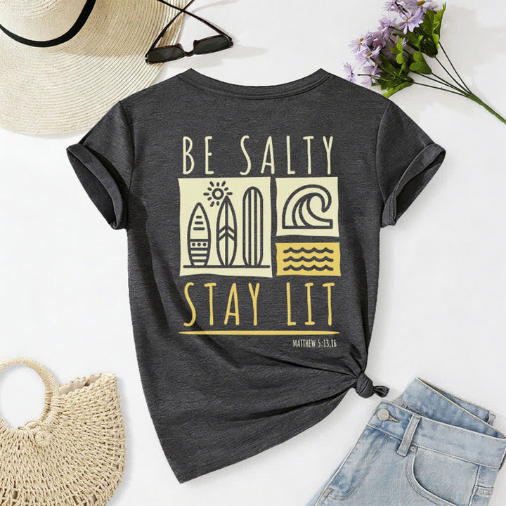 T-shirt décontracté à col en V imprimé « Be Salty Stay Lit » pour femme de Christianartworkshop - image 16