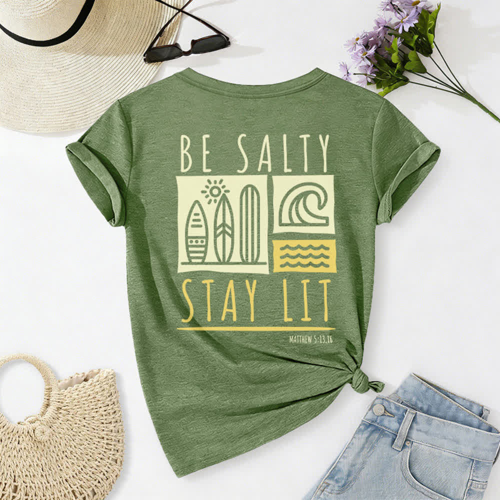 T-shirt décontracté à col en V imprimé « Be Salty Stay Lit » pour femme de Christianartworkshop - image 31