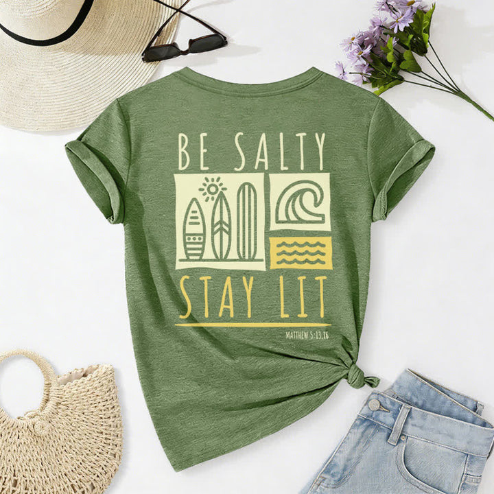 T-shirt décontracté à col en V imprimé « Be Salty Stay Lit » pour femme de Christianartworkshop - image 31