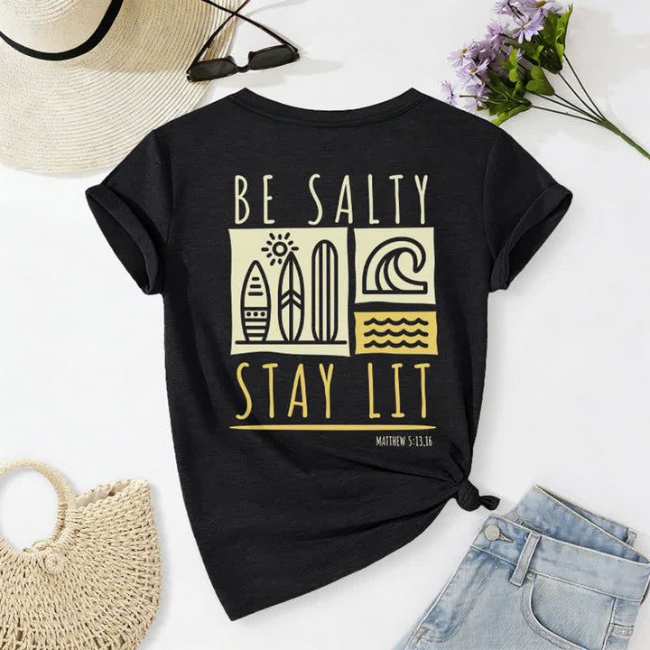 T-shirt décontracté à col en V imprimé « Be Salty Stay Lit » pour femme de Christianartworkshop - image 6