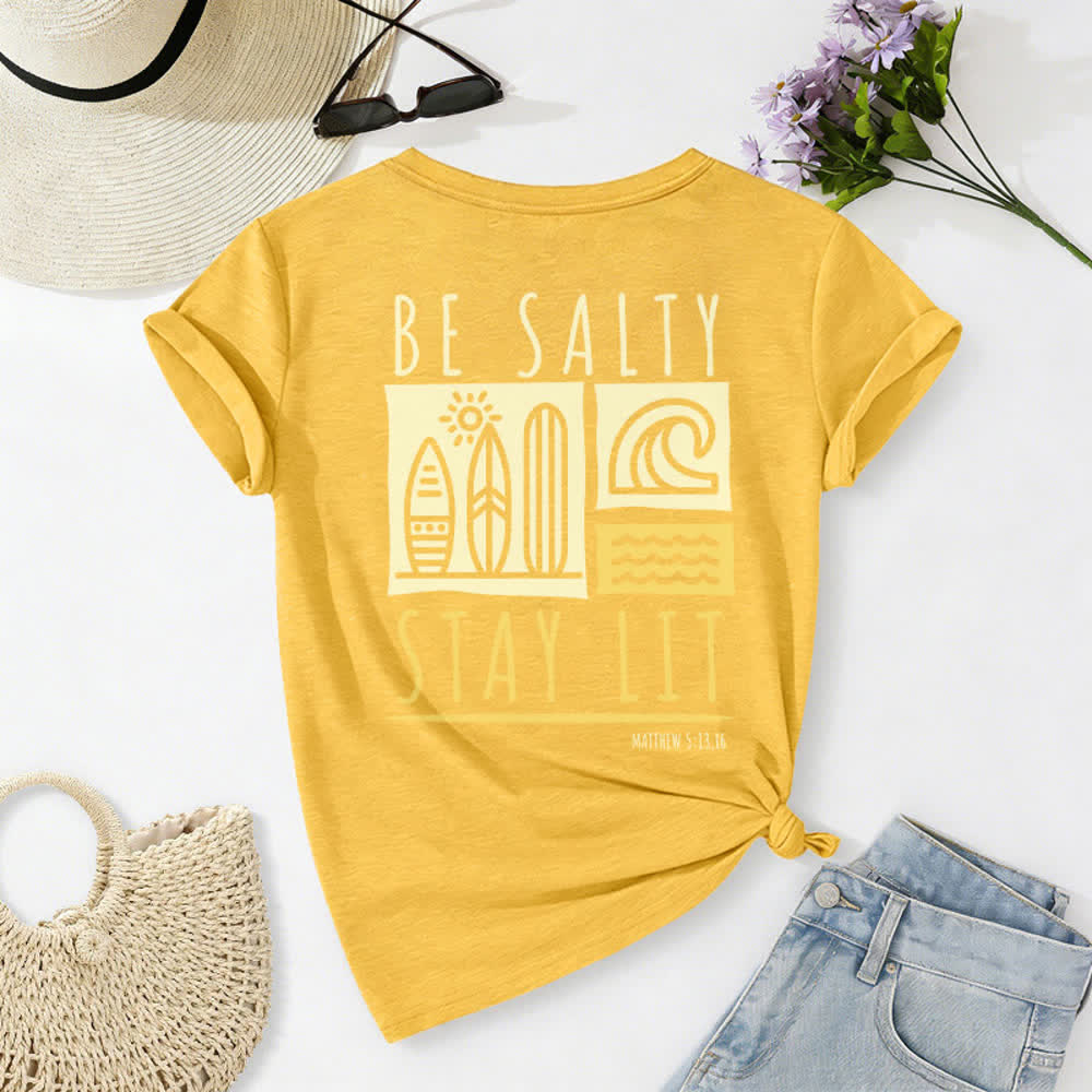 T-shirt décontracté à col en V imprimé « Be Salty Stay Lit » pour femme de Christianartworkshop - image 26