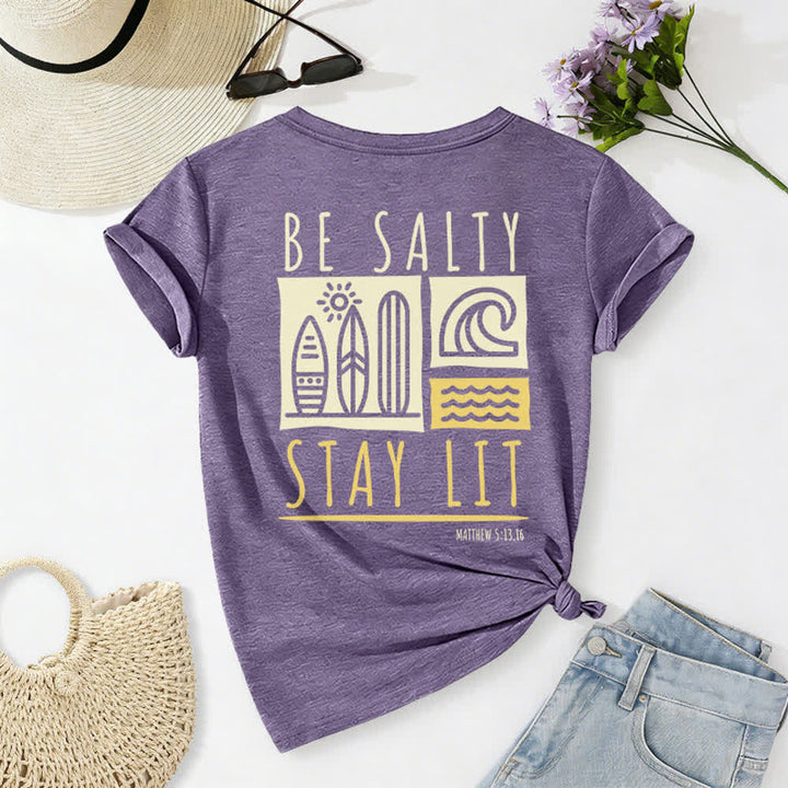 T-shirt décontracté à col en V imprimé « Be Salty Stay Lit » pour femme de Christianartworkshop - image 61