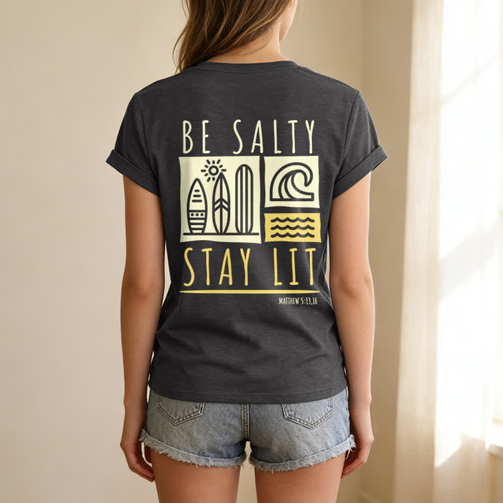 T-shirt décontracté à col en V imprimé « Be Salty Stay Lit » pour femme de Christianartworkshop - image 18