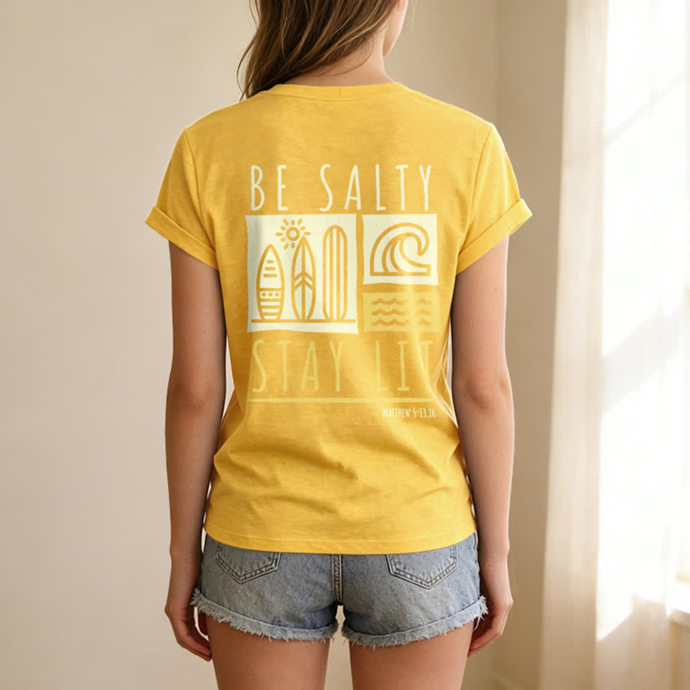 T-shirt décontracté à col en V imprimé « Be Salty Stay Lit » pour femme de Christianartworkshop - image 28