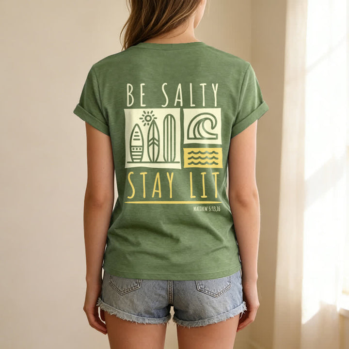 T-shirt décontracté à col en V imprimé « Be Salty Stay Lit » pour femme de Christianartworkshop - image 33