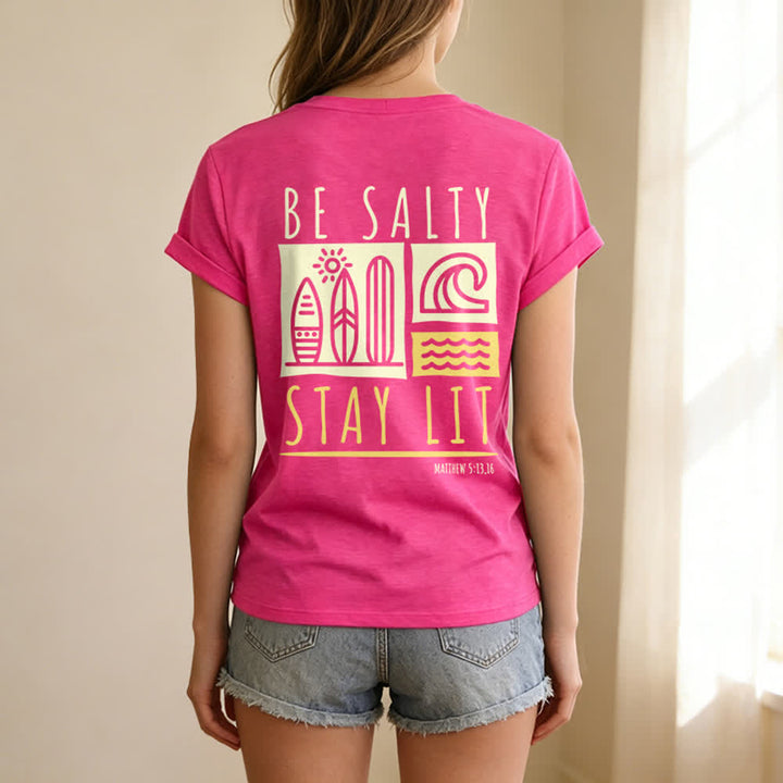 T-shirt décontracté à col en V imprimé « Be Salty Stay Lit » pour femme de Christianartworkshop - image 58