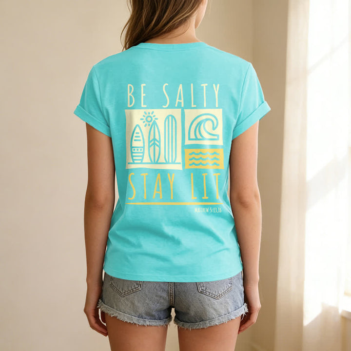 T-shirt décontracté à col en V imprimé « Be Salty Stay Lit » pour femme de Christianartworkshop - image 43
