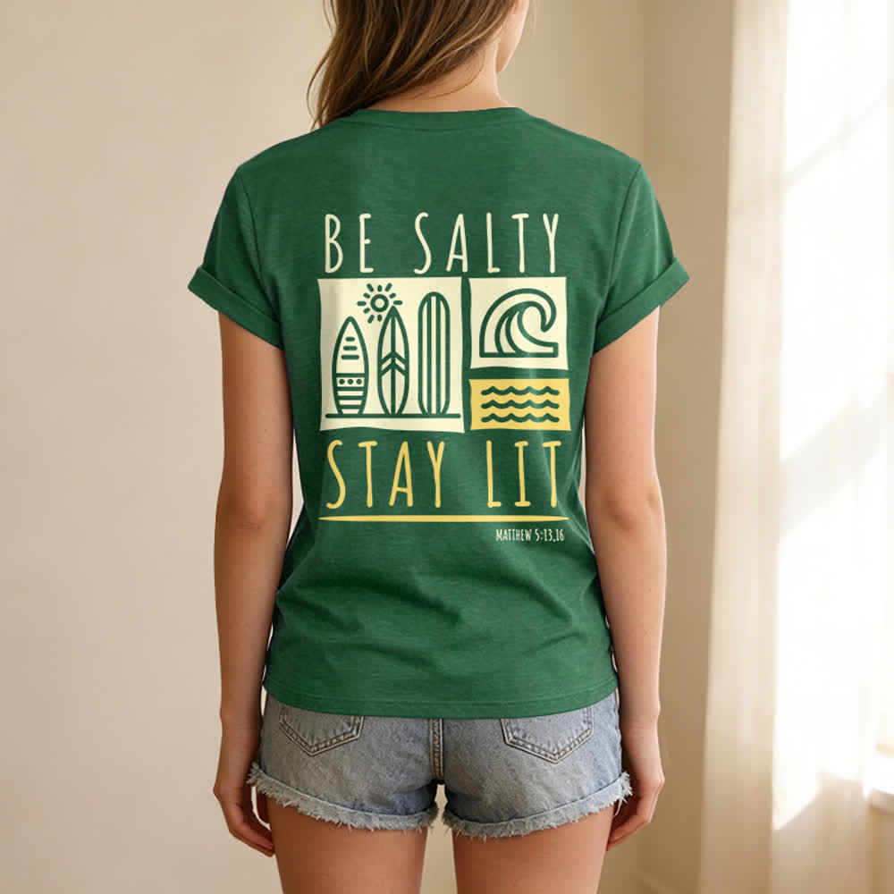 T-shirt décontracté à col en V imprimé « Be Salty Stay Lit » pour femme de Christianartworkshop - image 38