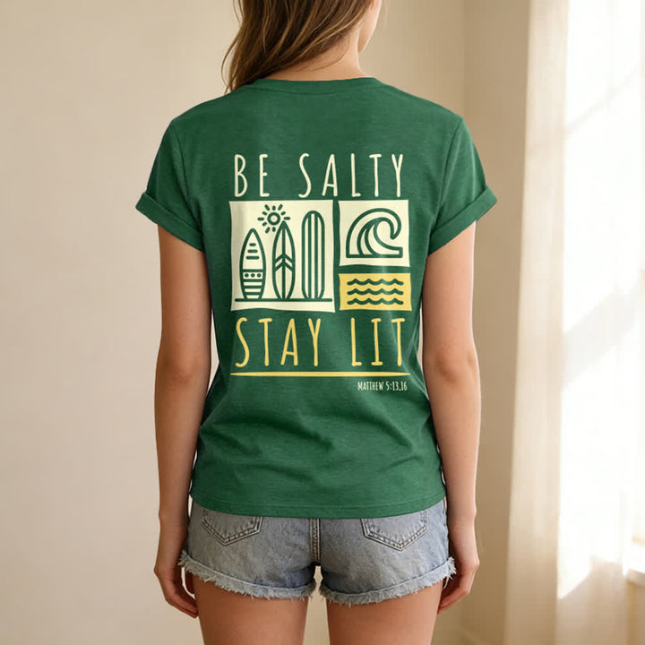 T-shirt décontracté à col en V imprimé « Be Salty Stay Lit » pour femme de Christianartworkshop - image 38