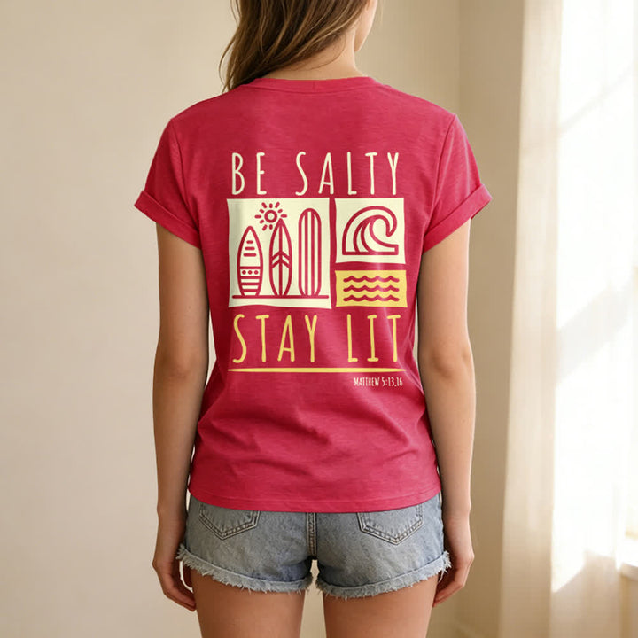 T-shirt décontracté à col en V imprimé « Be Salty Stay Lit » pour femme de Christianartworkshop - image 53