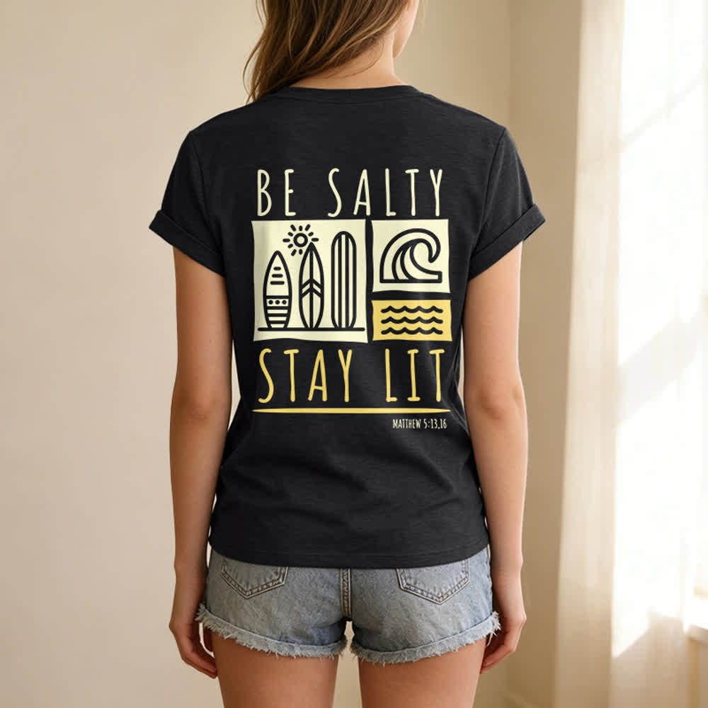 T-shirt décontracté à col en V imprimé « Be Salty Stay Lit » pour femme de Christianartworkshop - image 8