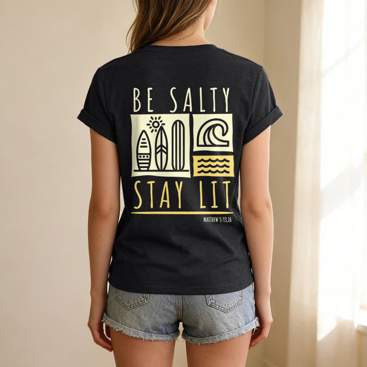 T-shirt décontracté à col en V imprimé « Be Salty Stay Lit » pour femme de Christianartworkshop - image 8