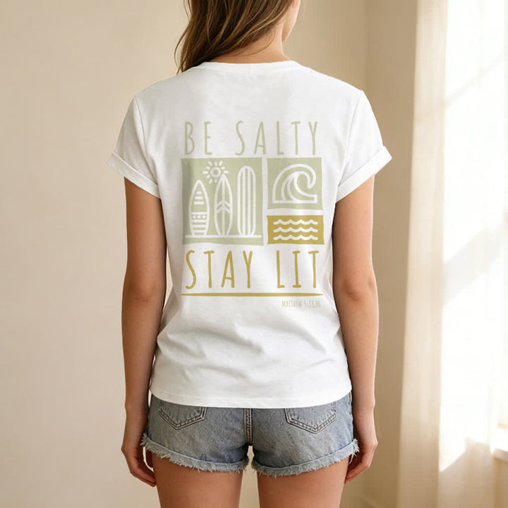 T-shirt décontracté à col en V imprimé « Be Salty Stay Lit » pour femme de Christianartworkshop - image 13