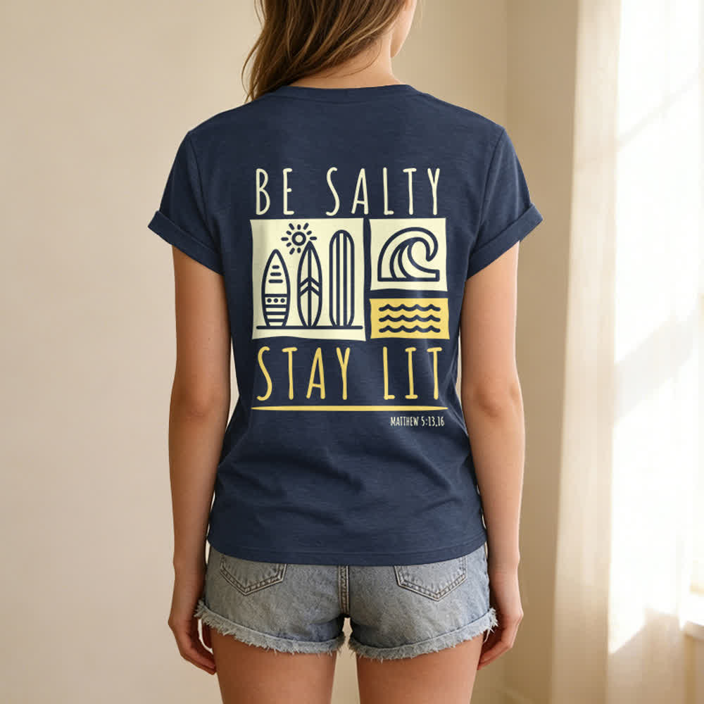 T-shirt décontracté à col en V imprimé « Be Salty Stay Lit » pour femme de Christianartworkshop - image 48