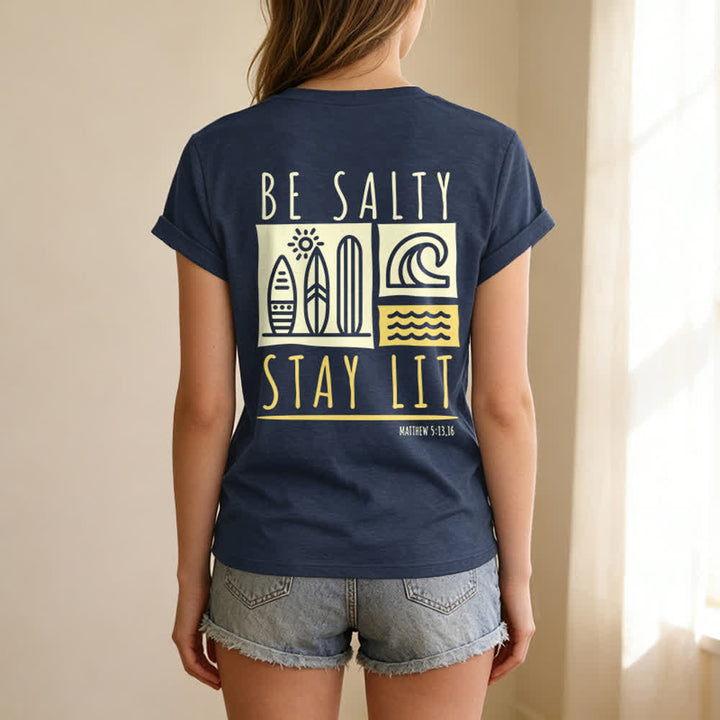 T-shirt décontracté à col en V imprimé « Be Salty Stay Lit » pour femme de Christianartworkshop - image 48