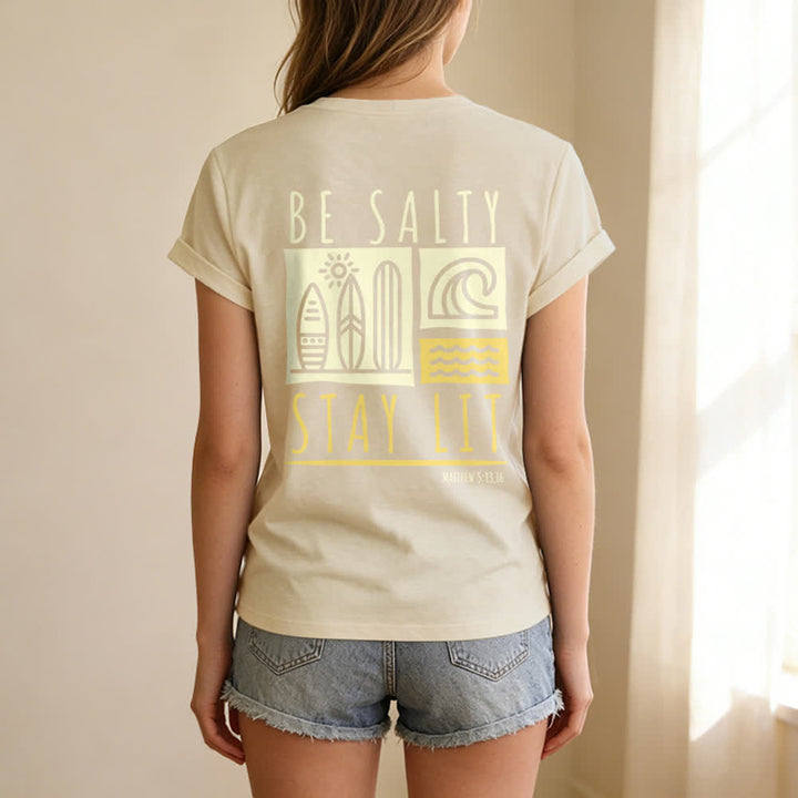 T-shirt décontracté à col en V imprimé « Be Salty Stay Lit » pour femme de Christianartworkshop - image 23