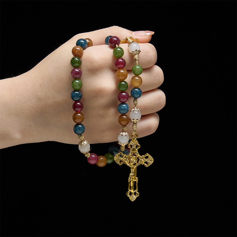 Chapelet en perles de tourmaline colorées avec croix carrée et crucifix doré, Christianartworkshop - image 1