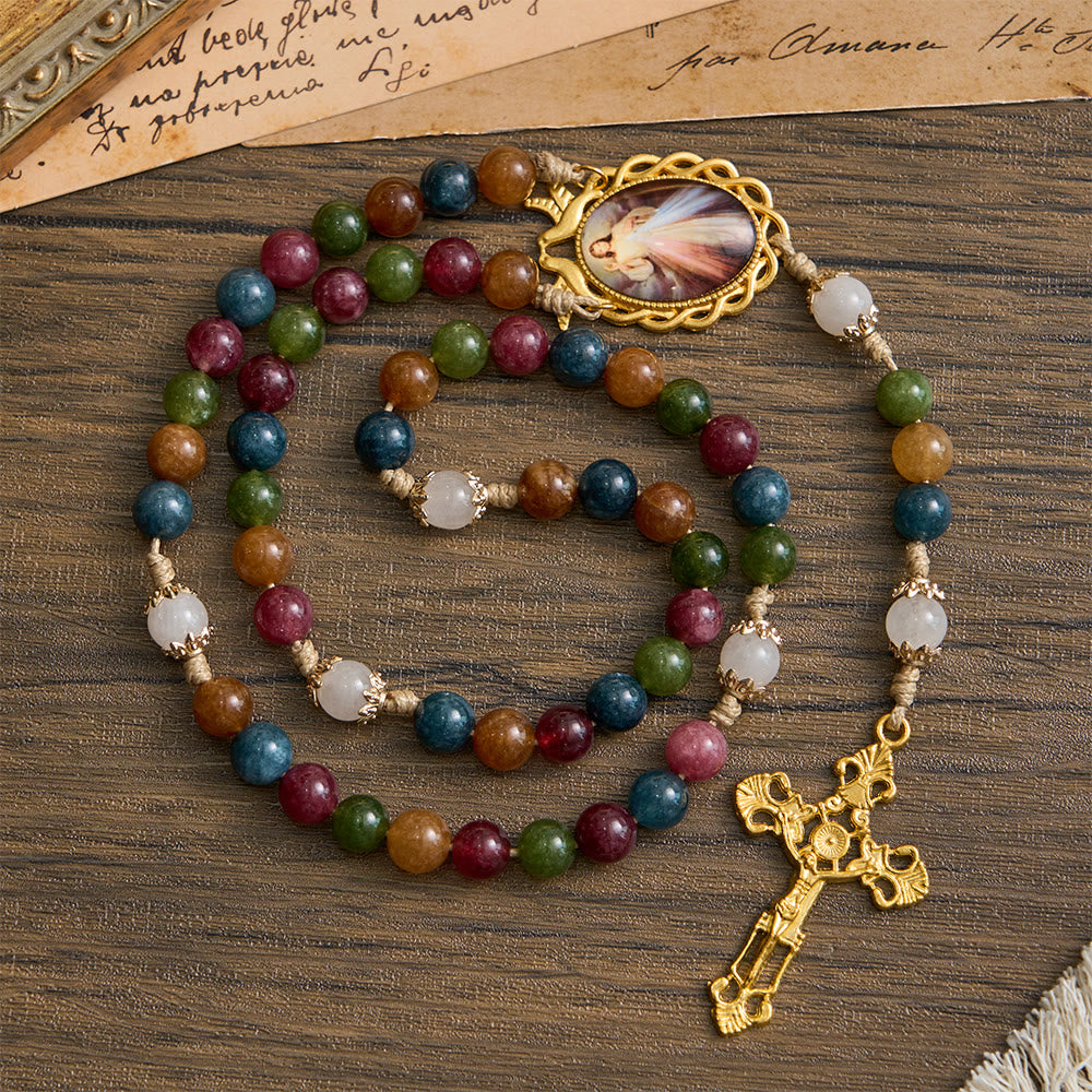 Chapelet en perles de tourmaline colorées avec croix carrée et crucifix doré, Christianartworkshop - Miséricorde divine - image 0