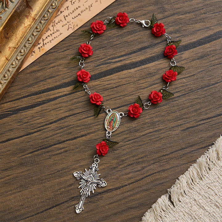 Christianartworkshop Chapelet de poche en rose rouge sacrée avec dévotion florale à Notre-Dame - Notre-Dame et le Crucifix - image 0