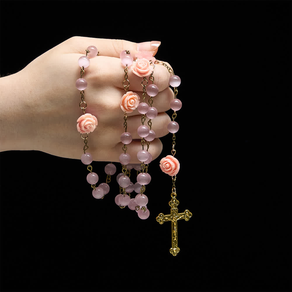 Christianartworkshop Chapelet œil-de-chat rose lumineux orné de roses pour la dévotion mariale - image 1