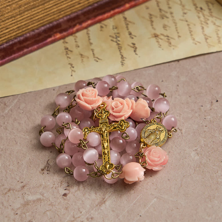 Christianartworkshop Chapelet œil-de-chat rose lumineux orné de roses pour la dévotion mariale - image 3
