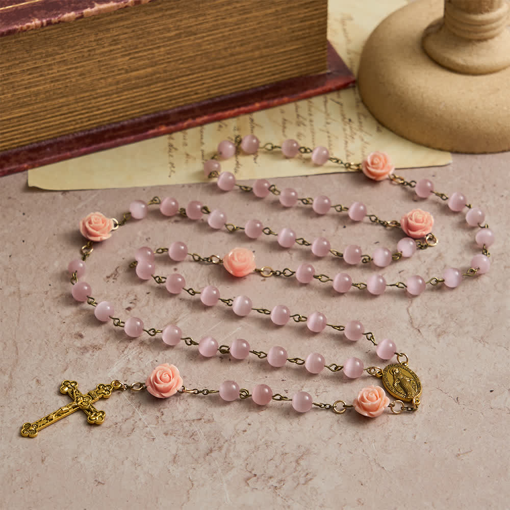 Christianartworkshop Chapelet œil-de-chat rose lumineux orné de roses pour la dévotion mariale - image 4