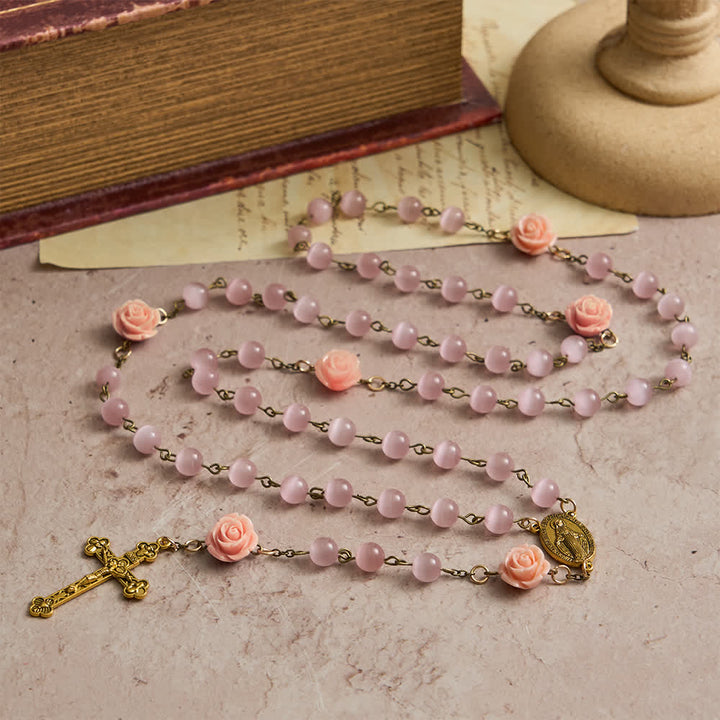 Christianartworkshop Chapelet œil-de-chat rose lumineux orné de roses pour la dévotion mariale - image 4