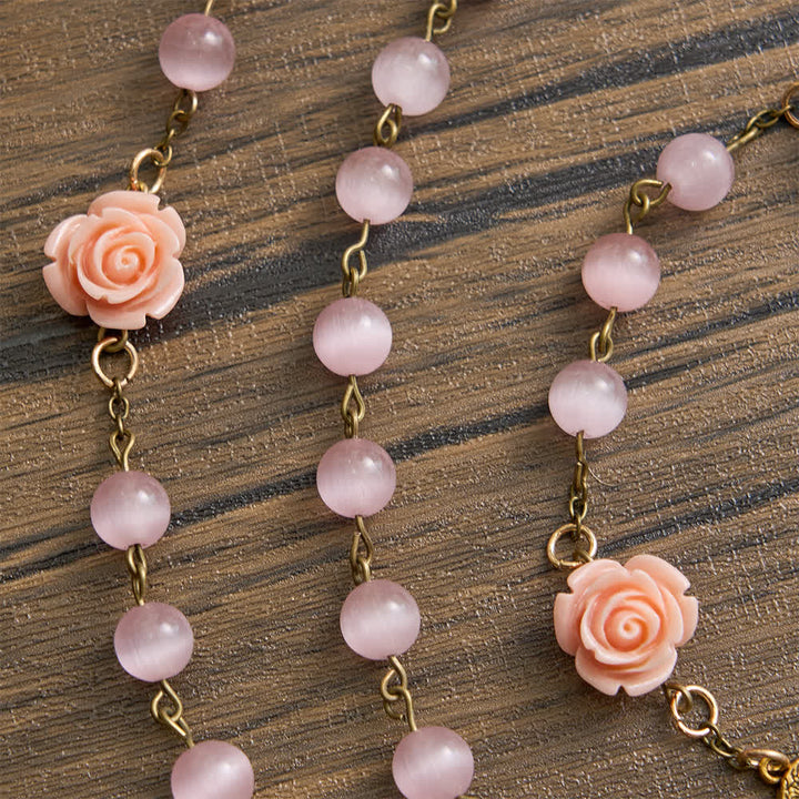 Christianartworkshop Chapelet œil-de-chat rose lumineux orné de roses pour la dévotion mariale - image 5
