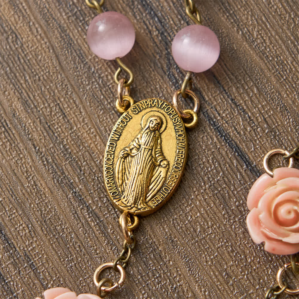 Christianartworkshop Chapelet œil-de-chat rose lumineux orné de roses pour la dévotion mariale - image 6